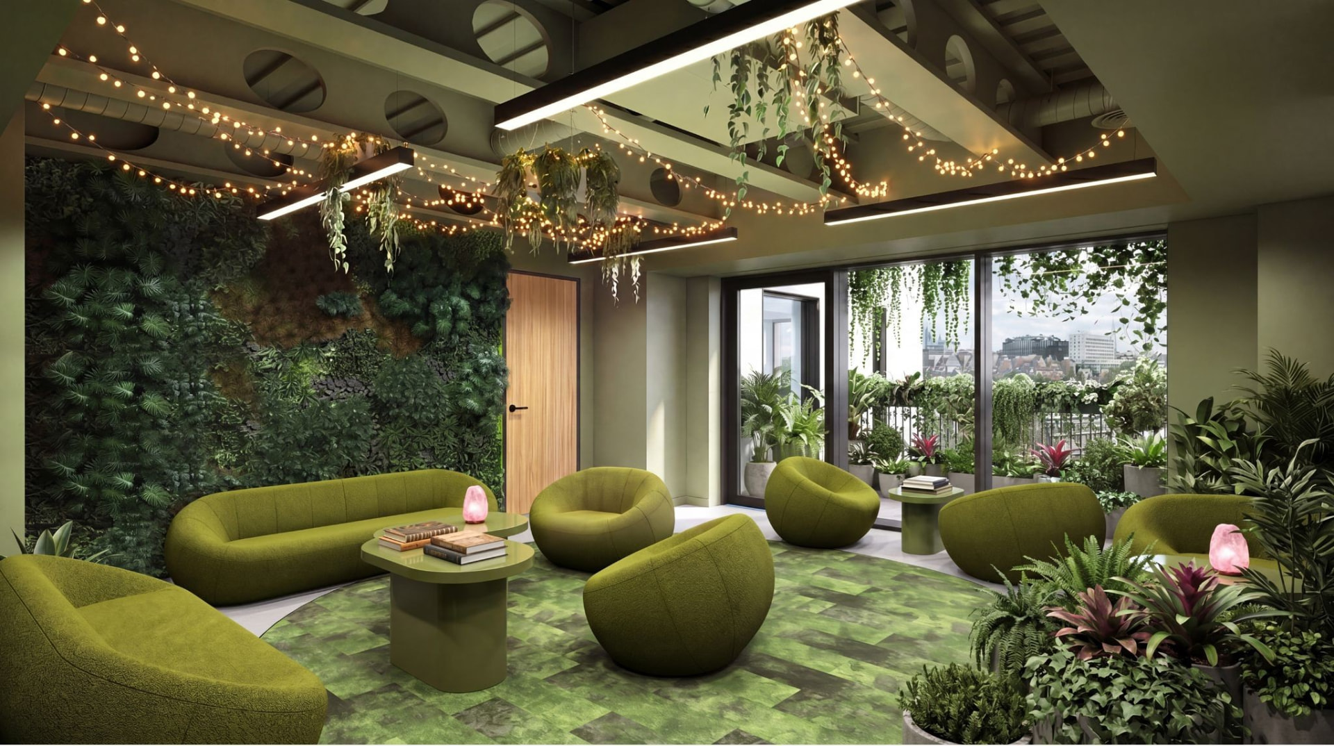 Winter garden lounge with living plant wall